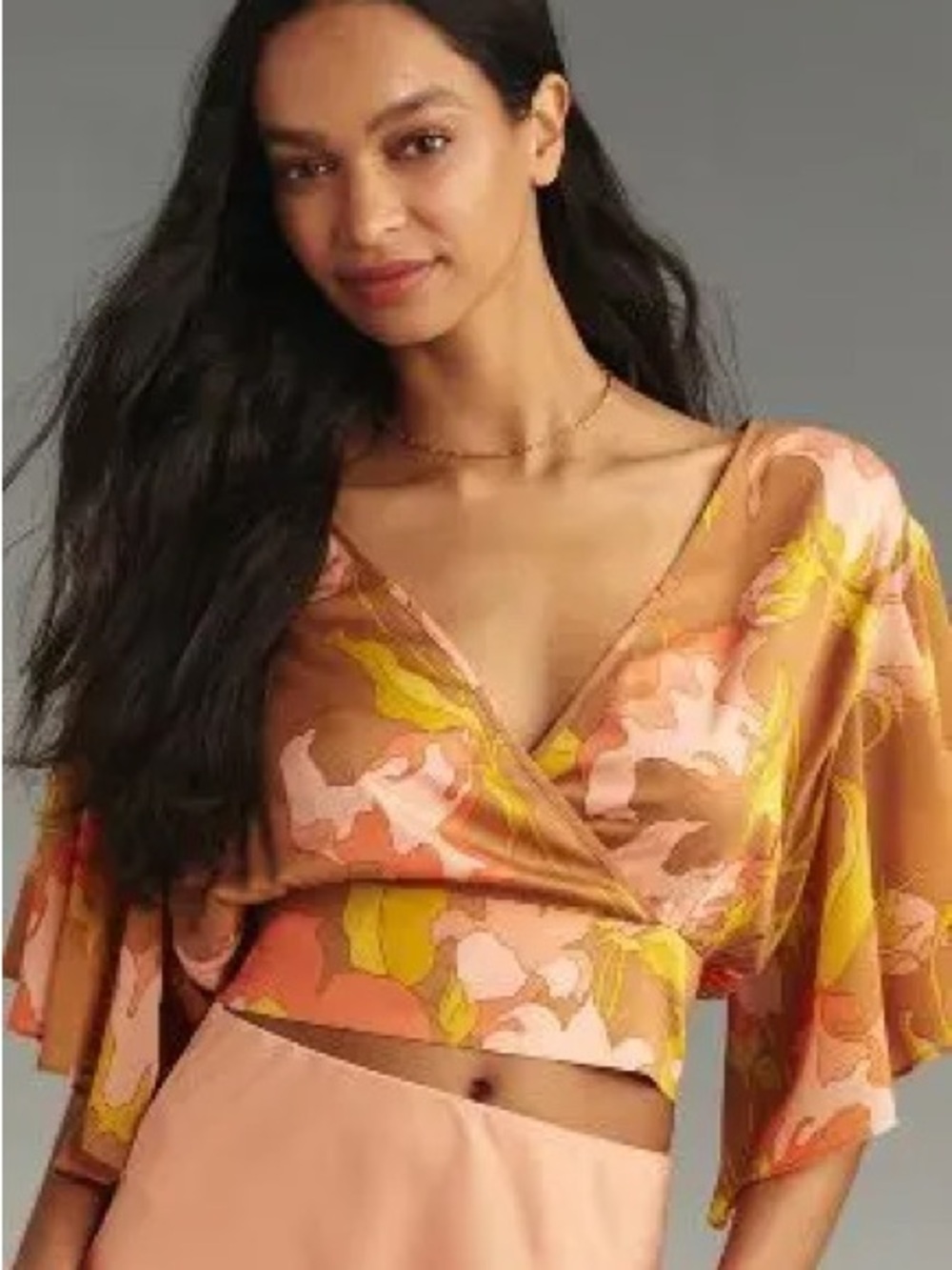 Anthropology Peach Floral Wrap Crop Top with Flutter Sleeves - Women Tops